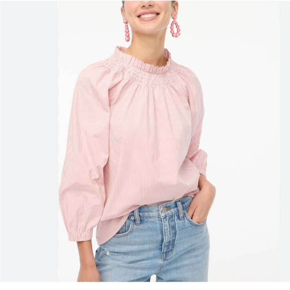 J. Crew Pink Striped Poplin Cotton Smocked Top